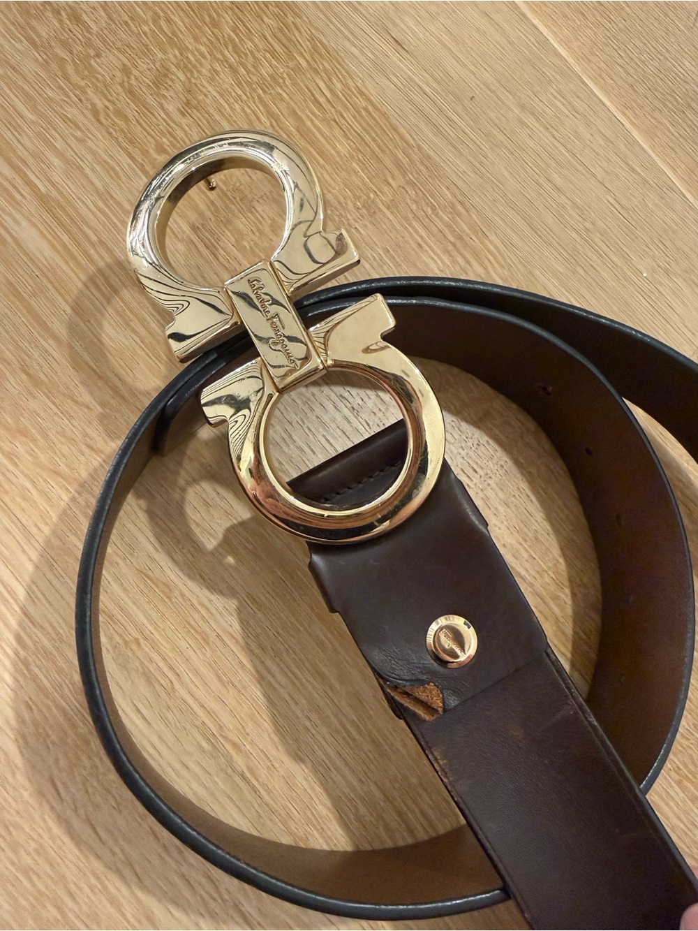 Authentic Salvatore Ferragamo Brown Leather Belt with Gold Gancini Buckle - Picture 5 of 14
